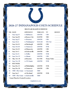 Indianapolis Colts 2026-27
 Printable Schedule