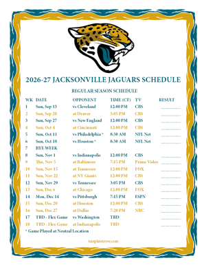 Jacksonville Jaguars 2026-27
 Printable Schedule - Central Times