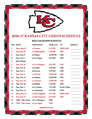 Kansas City Chiefs 2026-27
 Printable Schedule - Central Times