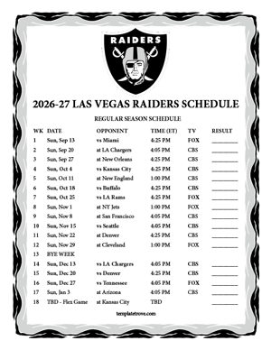 Las Vegas Raiders 2026-27
 Printable Schedule