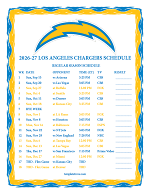 Los Angeles Chargers 2026-27
 Printable Schedule - Central Times