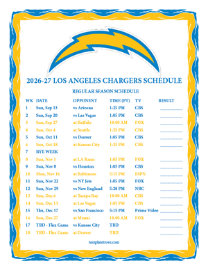 Los Angeles Chargers 2026-27
 Printable Schedule - Pacific Times
