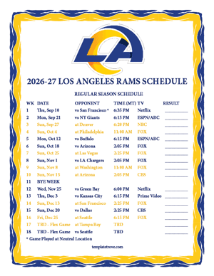 Los Angeles Rams 2026-27
 Printable Schedule - Mountain Times