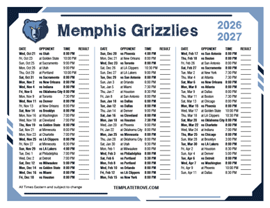Memphis Grizzlies 2026-27 Printable Schedule