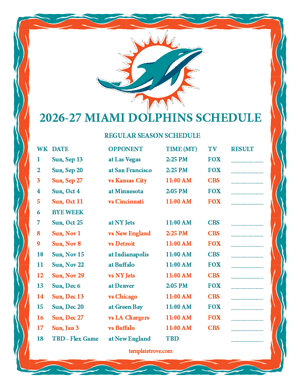 Miami Dolphins 2026-27
 Printable Schedule - Mountain Times