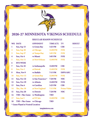 Minnesota Vikings 2026-27
 Printable Schedule - Central Times