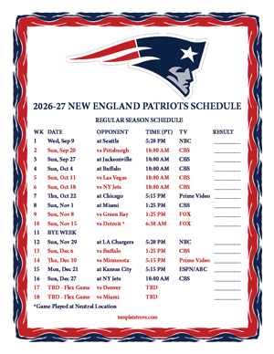 New England Patriots 2026-27
 Printable Schedule - Pacific Times