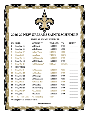 New Orleans Saints 2026-27
 Printable Schedule - Central Times