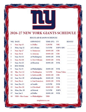 New York Giants 2026-27
 Printable Schedule - Pacific Times