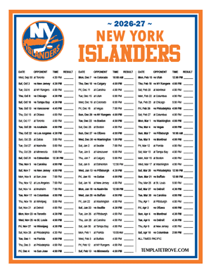 New York Islanders 2026-27 Printable Schedule - Pacific Times