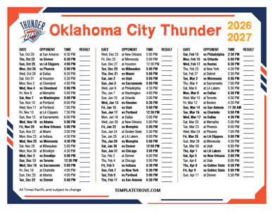 Oklahoma City Thunder 2026-27 Printable Schedule - Pacific Times