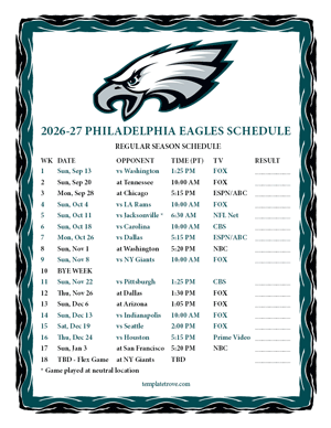 Philadelphia Eagles 2026-27
 Printable Schedule - Pacific Times