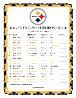 Pittsburgh Steelers 2026-27
 Printable Schedule - Pacific Times
