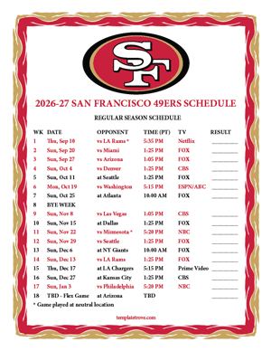 San Francisco 49ers 2026-27
 Printable Schedule - Pacific Times