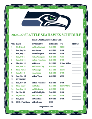Seattle Seahawks 2026-27
 Printable Schedule