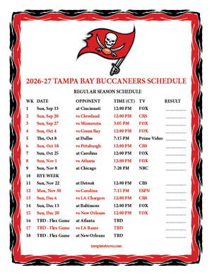 Tampa Bay Buccaneers 2026-27
 Printable Schedule - Central Times