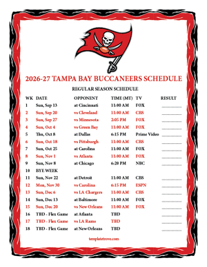 Tampa Bay Buccaneers 2026-27
 Printable Schedule - Mountain Times