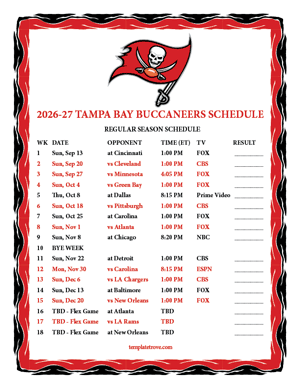 Tampa Bay Buccaneers 2026-27
 Printable Schedule