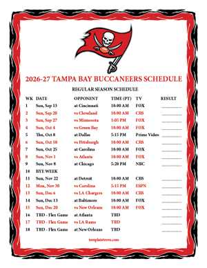 Tampa Bay Buccaneers 2026-27
 Printable Schedule - Pacific Times