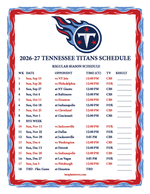 Tennessee Titans 2026-27
 Printable Schedule - Central Times