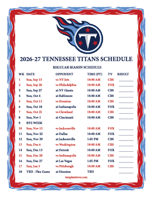 Tennessee Titans 2026-27
 Printable Schedule - Pacific Times