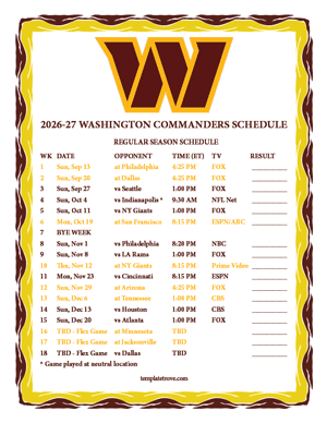 Washington Commanders 2026-27
 Printable Schedule