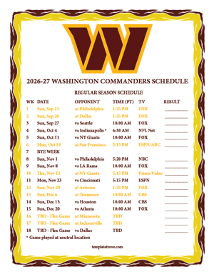 Washington Commanders 2026-27
 Printable Schedule - Pacific Times