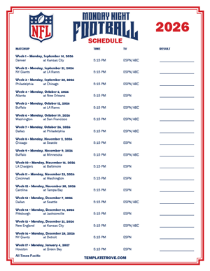 2026 Printable NFL Monday Night Football Schedule - Pacific Times