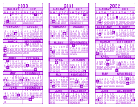 Purple 3 Year Calendar - 2030 - 2031 - 2032