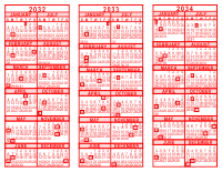 2032-33-34 3 Year Calendar - Red