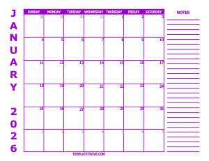 Free Calendars to Print 2026 - Purple