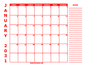 Free Calendars to Print 2031 - Red