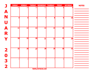 Free Calendars to Print 2032 - Red