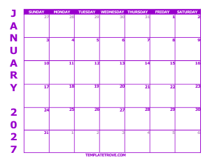2027 Free Calendars to Print - Purple