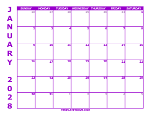 2028 Free Calendars to Print - Purple
