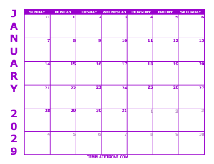 2029 Free Calendars to Print - Purple