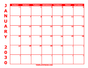 2030 Free Calendars to Print - Red