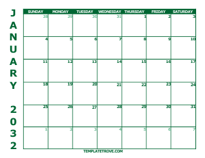 2032 Free Calendars to Print - Green