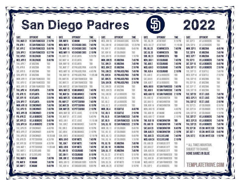 Printable 2022 San Diego Padres Schedule