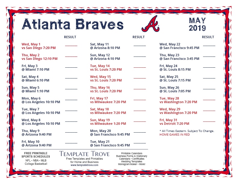 Printable 2019 Atlanta Braves Schedule