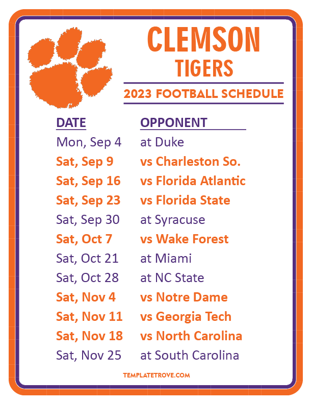 Printable 2023 Clemson Tigers Football Schedule Printable 2023 Clemson Tigers Football Schedule