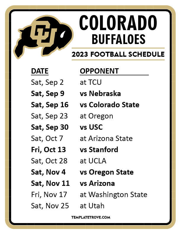 Printable 2023 Colorado Buffaloes Football Schedule