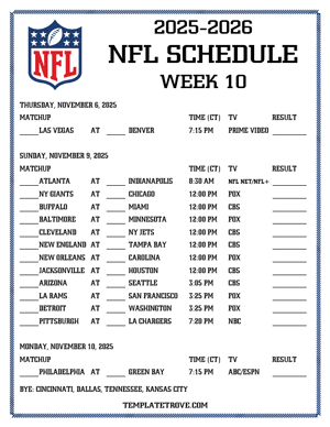 Printable 2025-26 NFL Schedule Week 10 - Central Times
