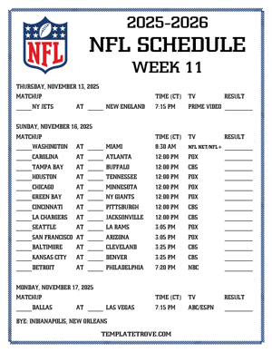 Printable 2025-26 NFL Schedule Week 11 - Central Times