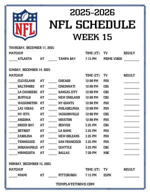 Printable 2025-26 NFL Schedule Week 15 - Central Times