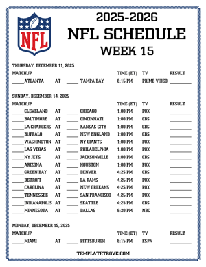 Printable 2025-26 NFL Schedule Week 15