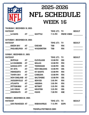 Printable 2025-26 NFL Schedule Week 16 - Central Times