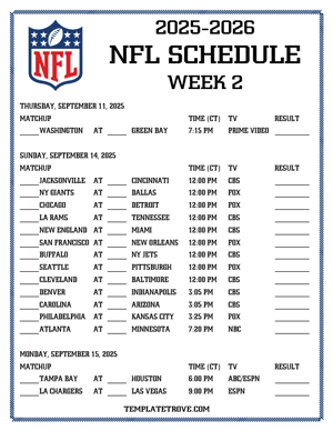 Printable 2025-26 NFL Schedule Week 2 - Central Times
