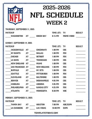 Printable 2025-26 NFL Schedule Week 2