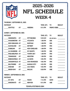 Printable 2025-26 NFL Schedule Week 4